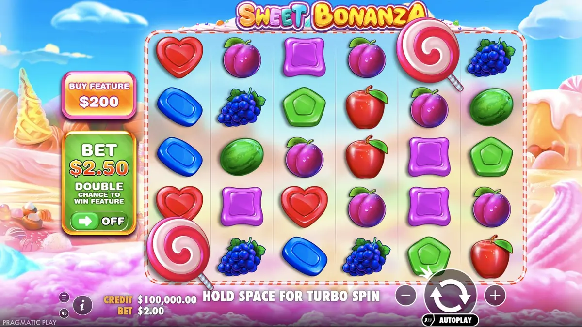 Sweet Bonanza 6x5 grid base game with Buy Feature and Ante Bet controls visible