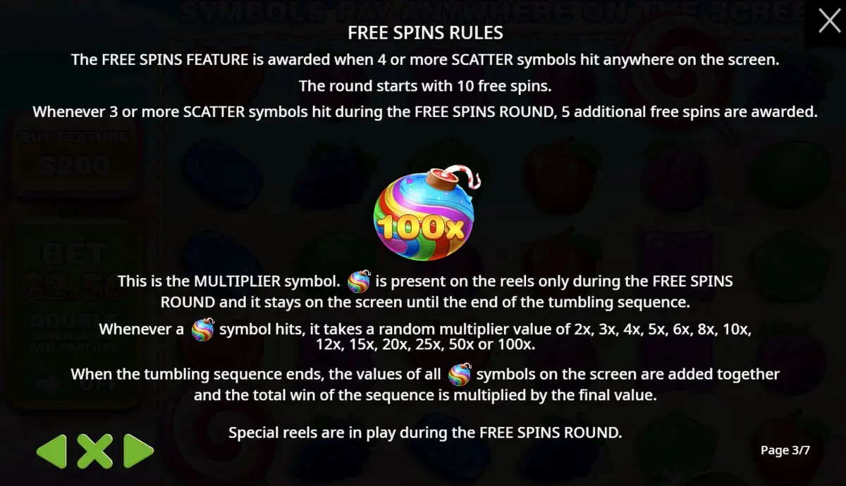 Sweet Bonanza free spins rules explaining multiplier bomb values up to 100x