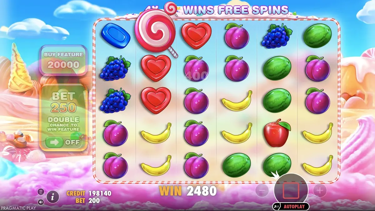 Sweet Bonanza free spins round with 2480 win and scatter trigger on screen