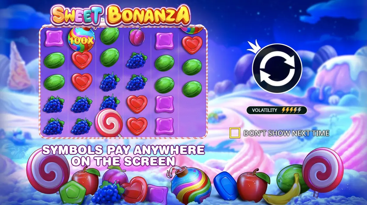 Sweet Bonanza intro screen showing 100x multiplier bomb and high volatility rating