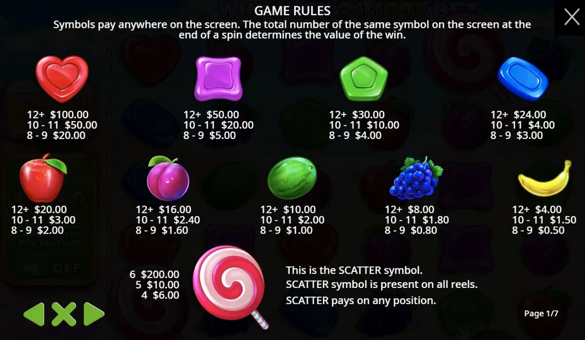Sweet Bonanza paytable showing all symbol payouts and scatter lollipop values
